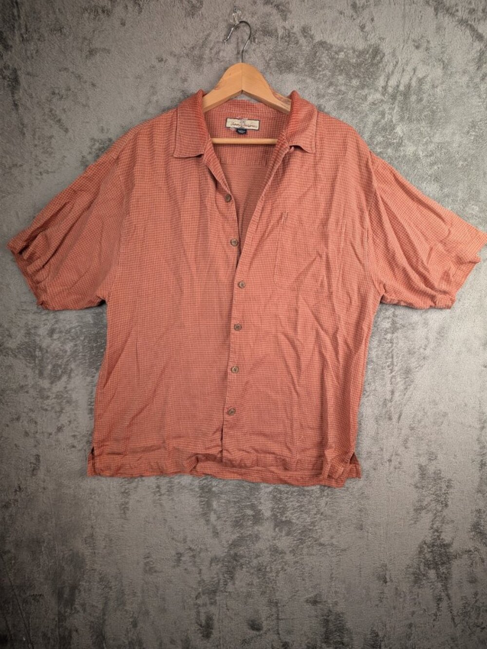 Vintage Tommy Bahama Mens XL Silk Camp Shirt Orange Check Short Sleeve Button Up